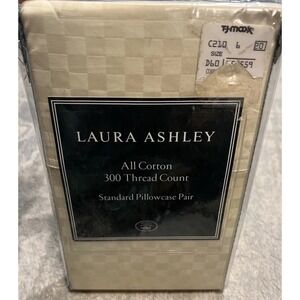 New Laura Ashley Standard Pillowcase Pair 100% Cotton Off White Check 300TC